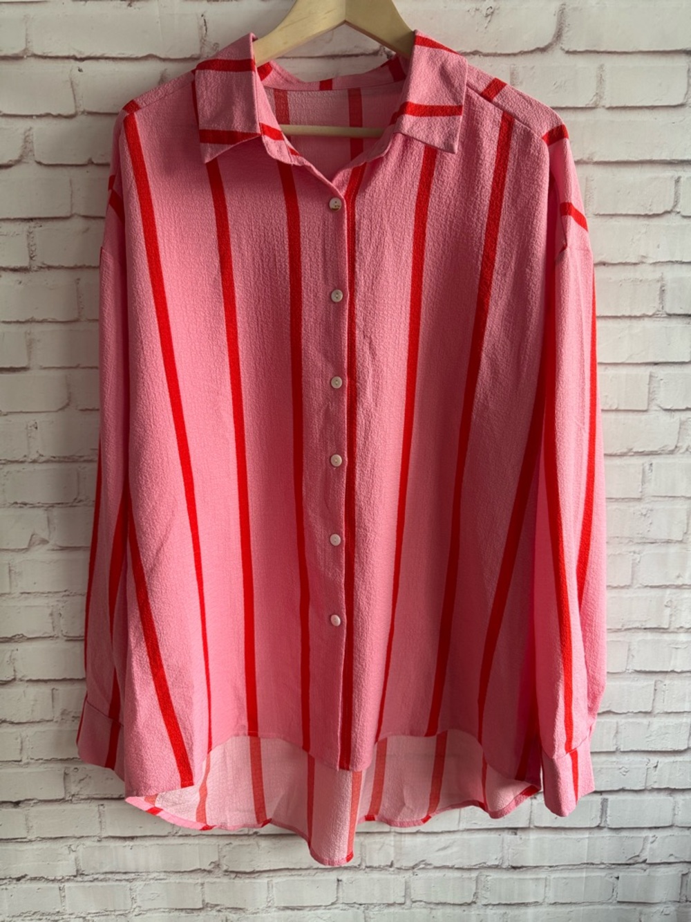 Pink Button-Up Blouse with‎ Red Stripes